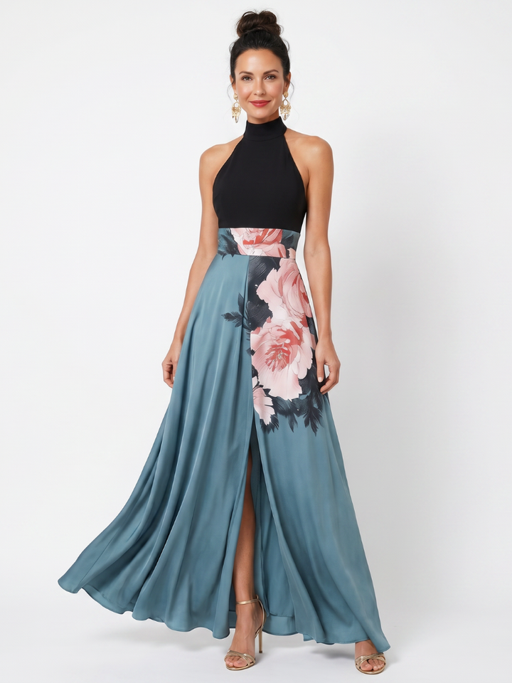 Olympas Halter Bodice Floral Skirt Maxi Dress by Roseworth London