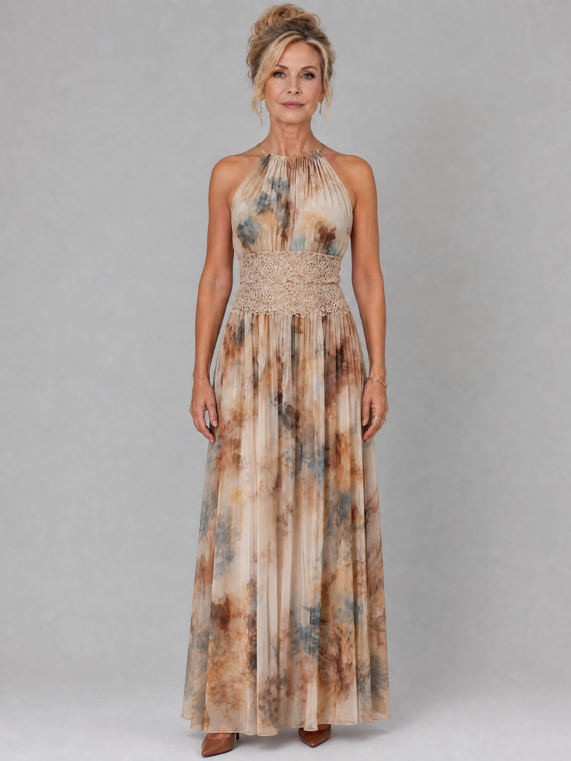 Elavenue Halter Neck Lace Waist Maxi Dress by Roseworth London