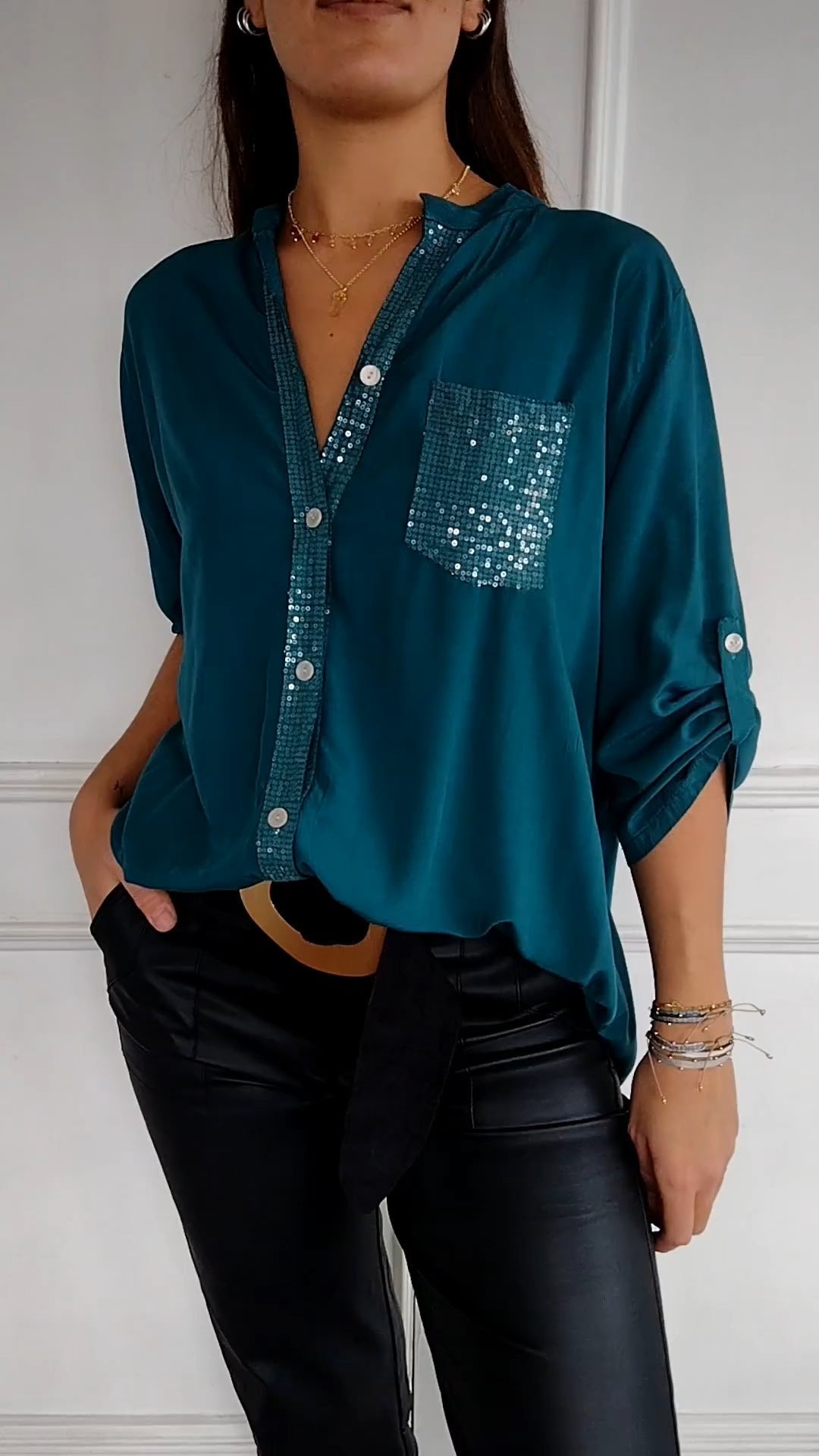VERITY SEQUIN TRIM BUTTON-UP SHIRT
