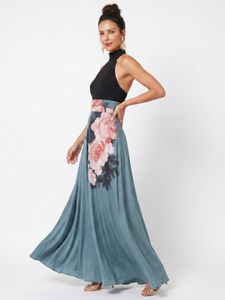 Olympas Halter Bodice Floral Skirt Maxi Dress by Roseworth London