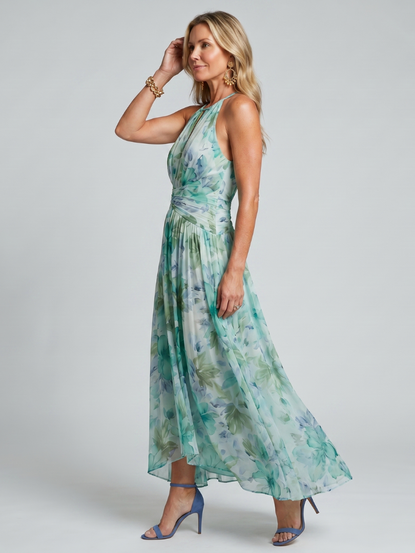 Portia Pleated Halter Soft Floral Pattern Midi Dress by Roseworth London