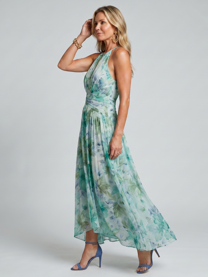 Portia Pleated Halter Soft Floral Pattern Midi Dress by Roseworth London