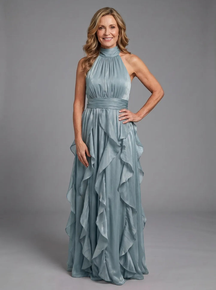 Orea High Neck Gathered Ruffle Layers Maxi Dress by Roseworth London