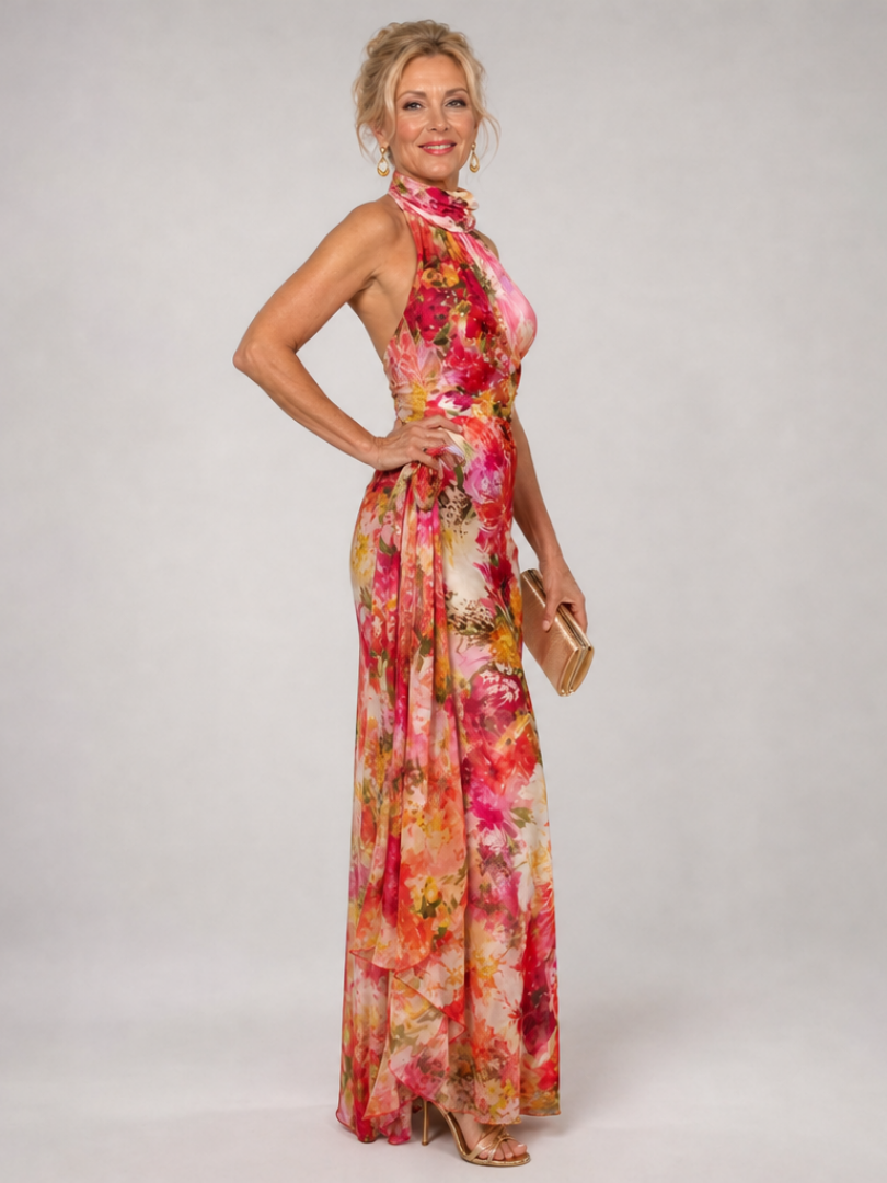 Elisabetta Halter Neck Floral Print Maxi Dress by Roseworth London
