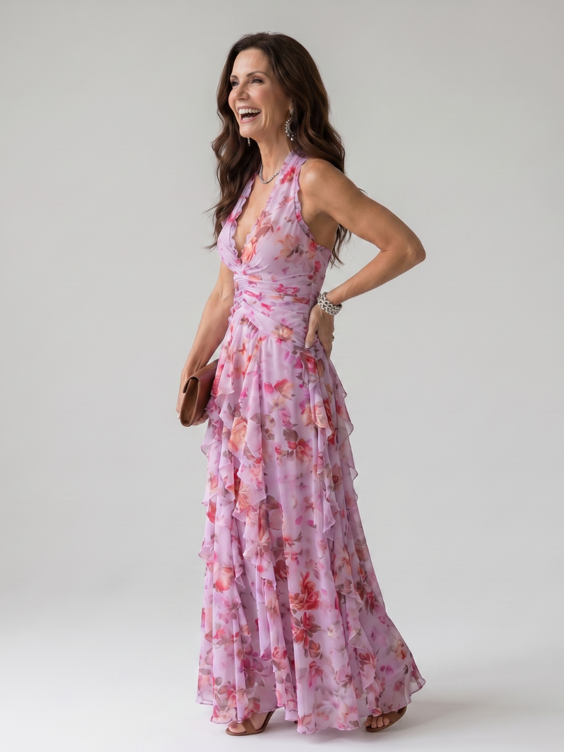 Nori Halter Neck Ruched Bodice Floral Maxi Dress by Roseworth London