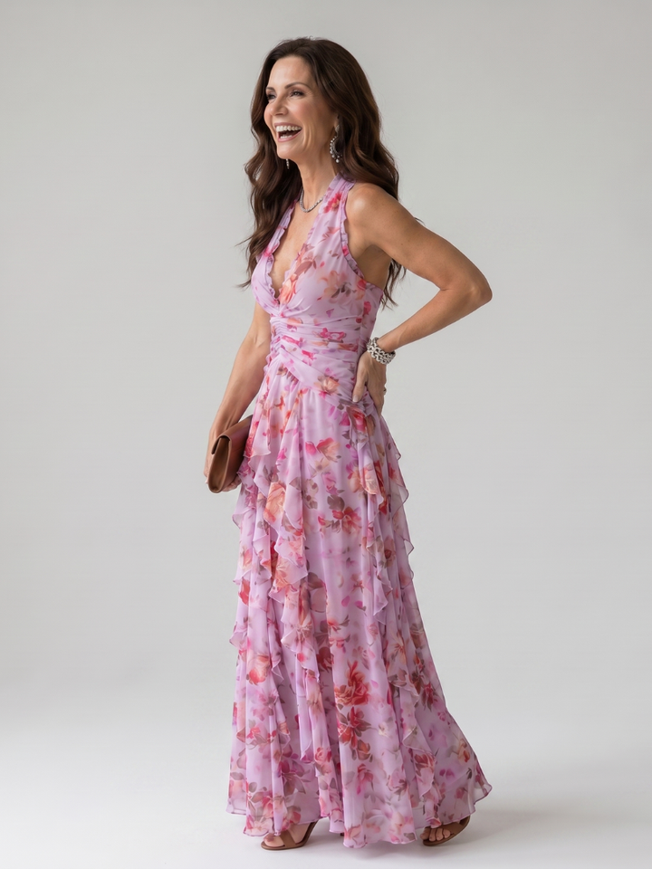 Nori Halter Neck Ruched Bodice Floral Maxi Dress by Roseworth London