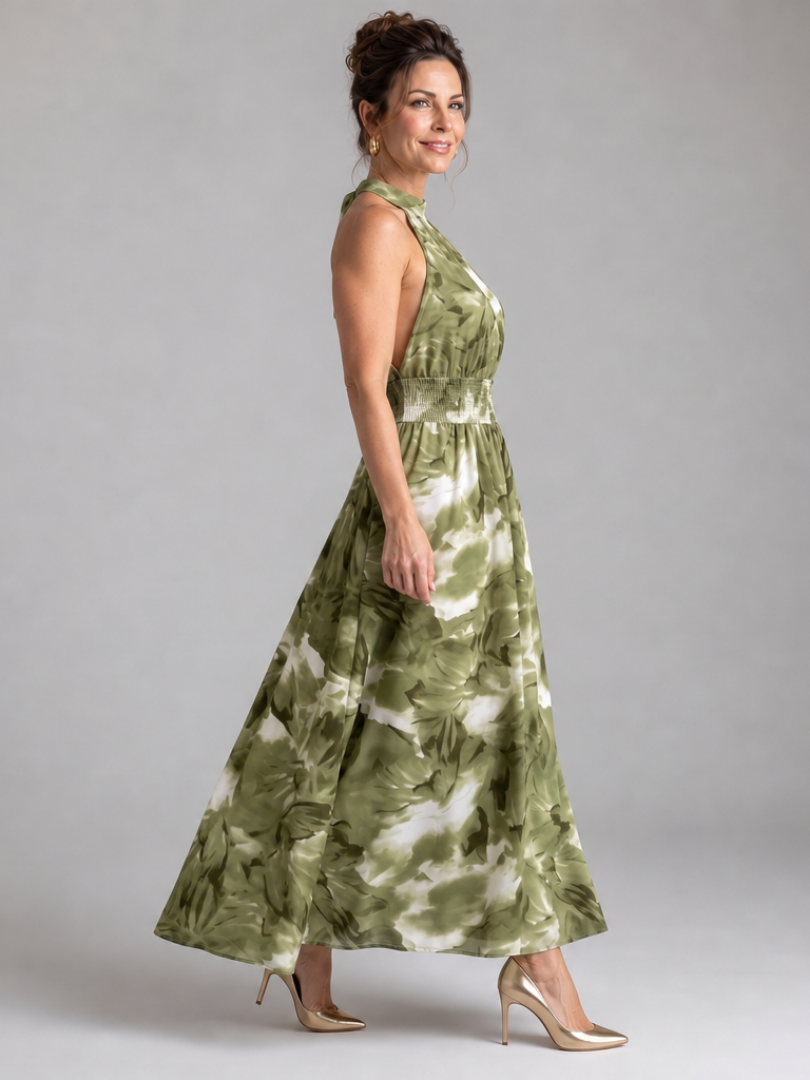 Olivia Gathered Waist Abstract Print Midi Dress by Roseworth London