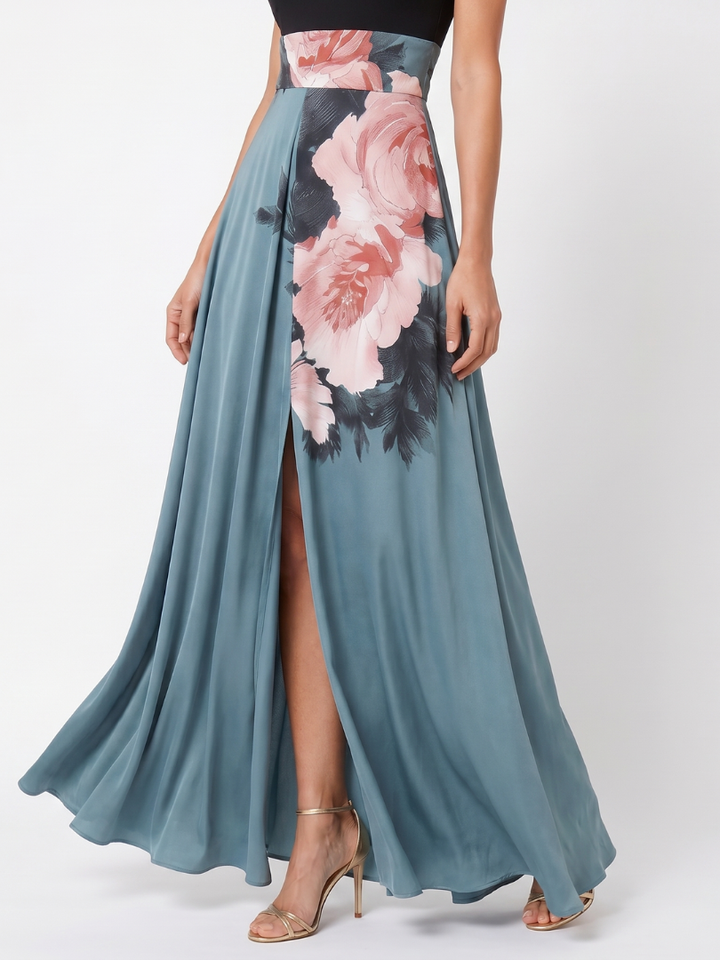 Olympas Halter Bodice Floral Skirt Maxi Dress by Roseworth London