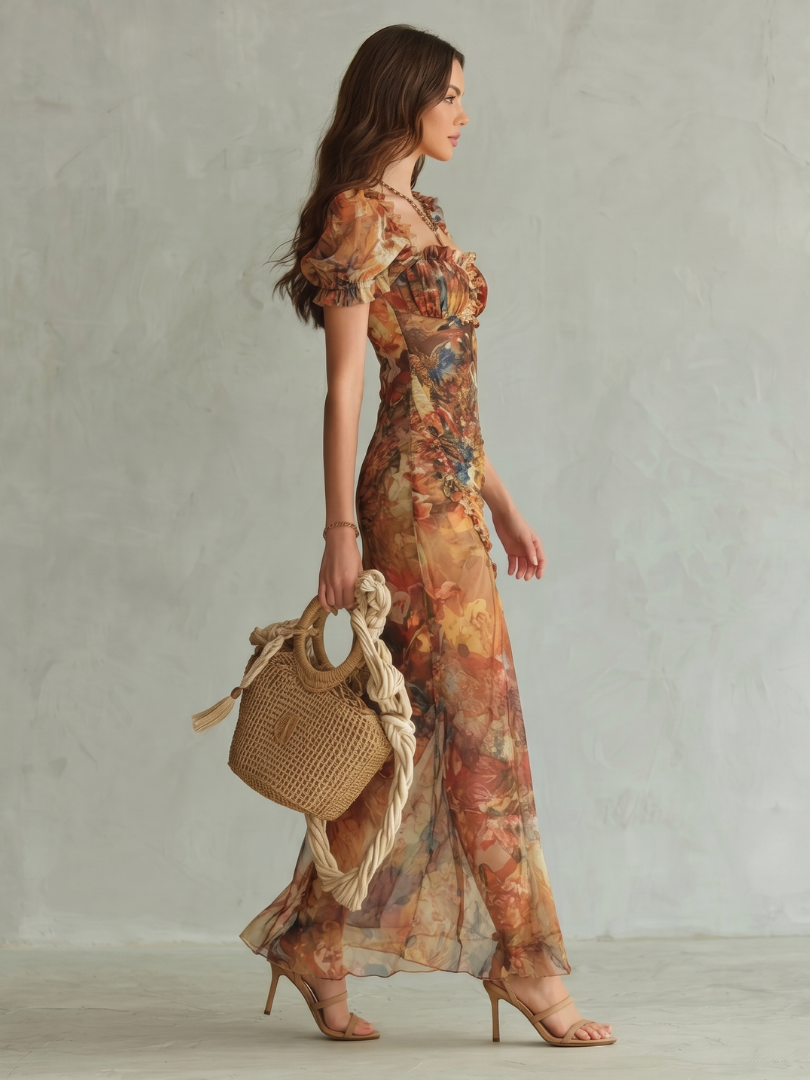 Ciel Ruffled Sleeve Ruched Slit Midi Dress by Roseworth London