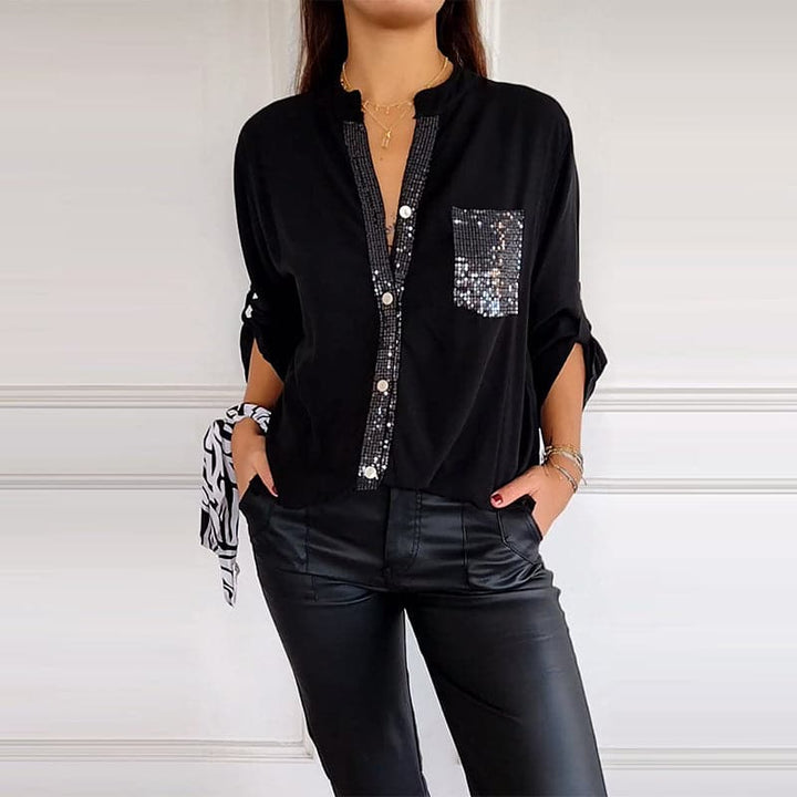 VERITY SEQUIN TRIM BUTTON-UP SHIRT