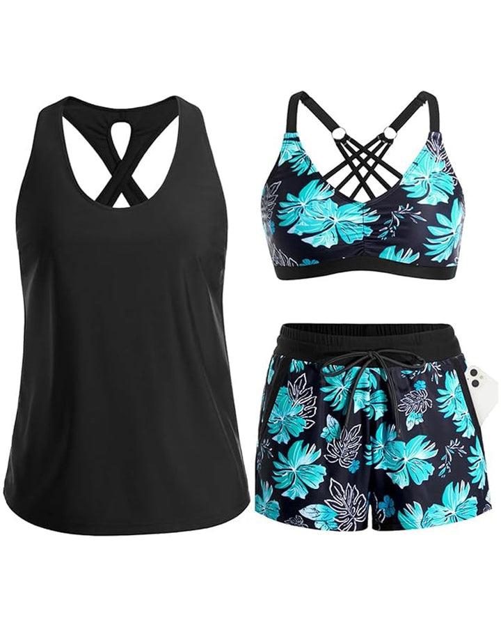 Maren three-piece set with a bikini, a tankini and a cover-up