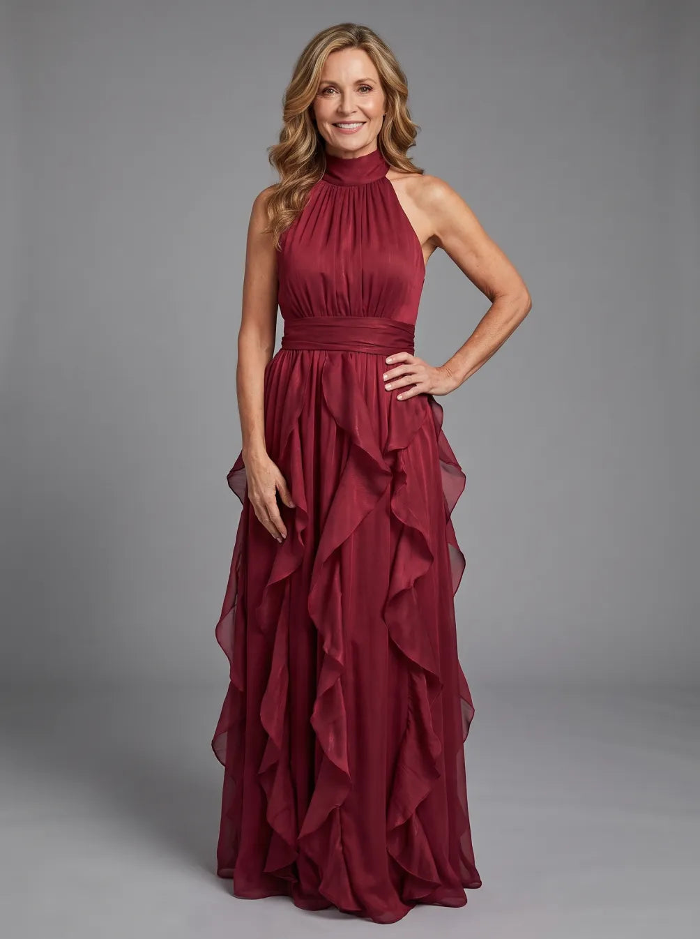 Orea High Neck Gathered Ruffle Layers Maxi Dress by Roseworth London