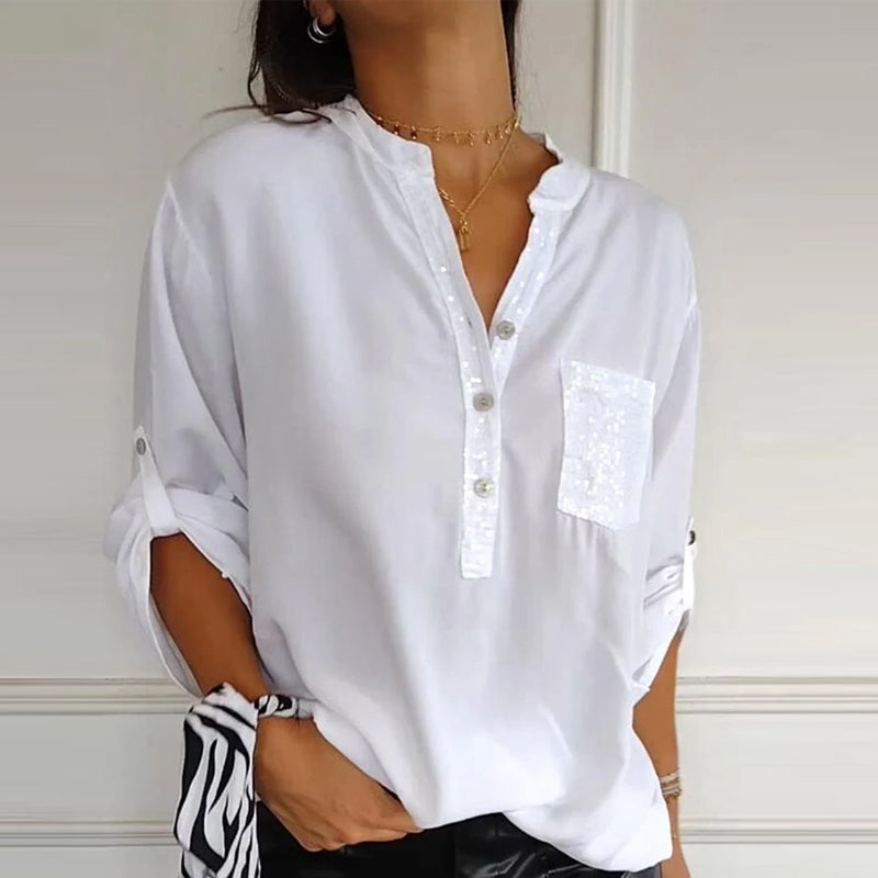VERITY SEQUIN TRIM BUTTON-UP SHIRT
