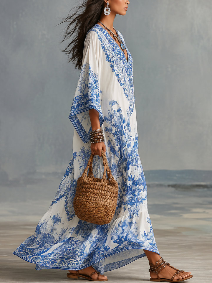 Blue Porcelain Print Kaftan Tunic