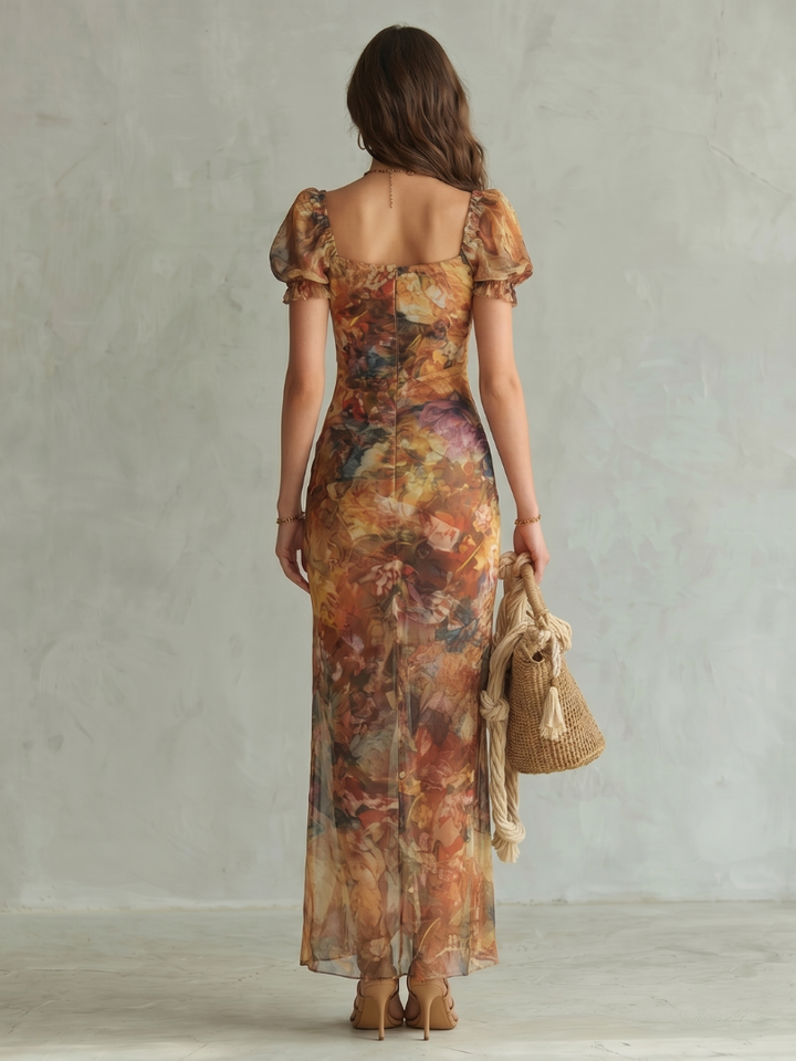 Ciel Ruffled Sleeve Ruched Slit Midi Dress by Roseworth London
