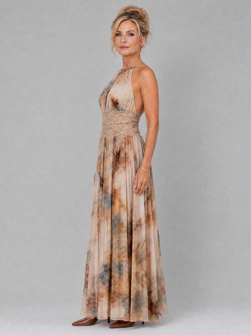 Elavenue Halter Neck Lace Waist Maxi Dress by Roseworth London