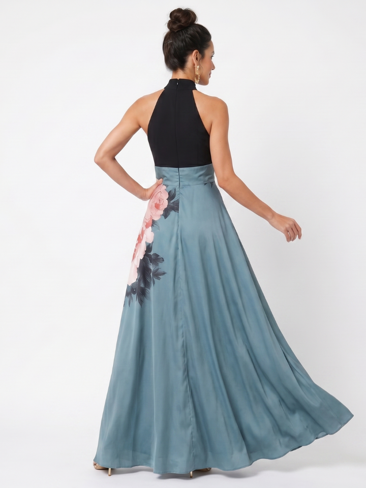 Olympas Halter Bodice Floral Skirt Maxi Dress by Roseworth London