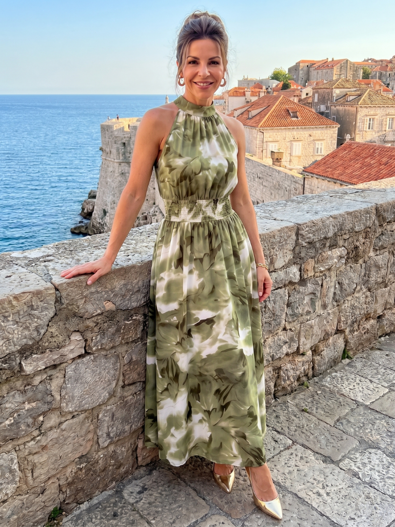 Olivia Gathered Waist Abstract Print Midi Dress by Roseworth London