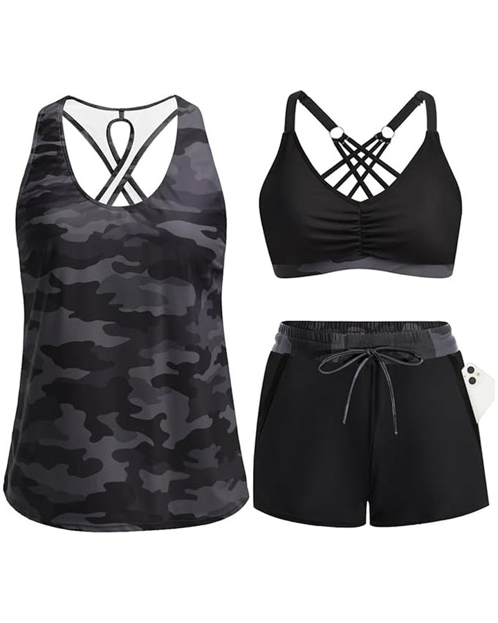 Maren three-piece set with a bikini, a tankini and a cover-up