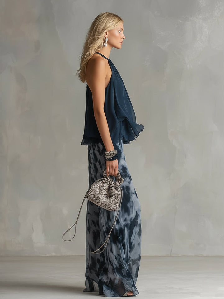 Marie | Elegant Set with Navy Blue Backless Top and Printed Wide-Leg Trousers