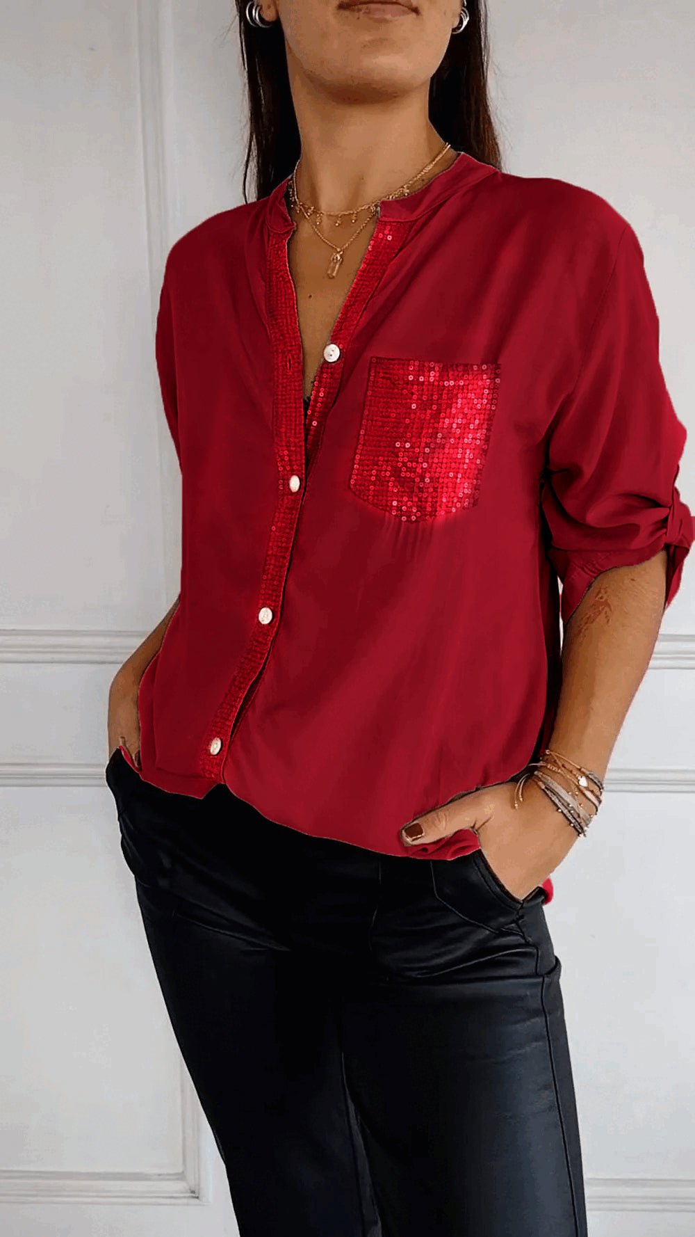 VERITY SEQUIN TRIM BUTTON-UP SHIRT