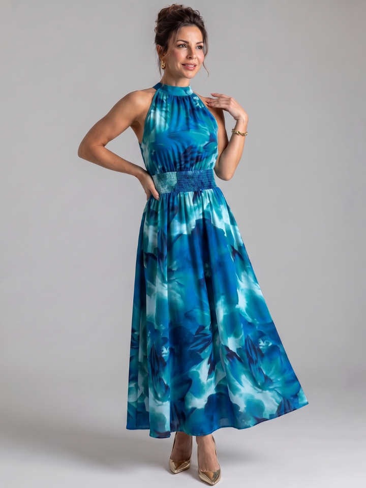 Olivia Gathered Waist Abstract Print Midi Dress by Roseworth London