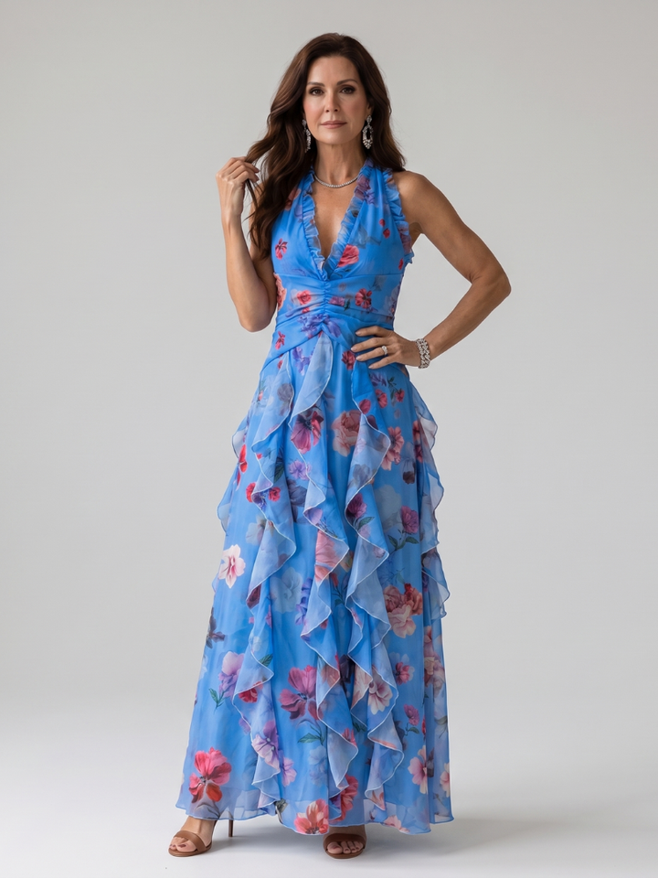 Nori Halter Neck Ruched Bodice Floral Maxi Dress by Roseworth London