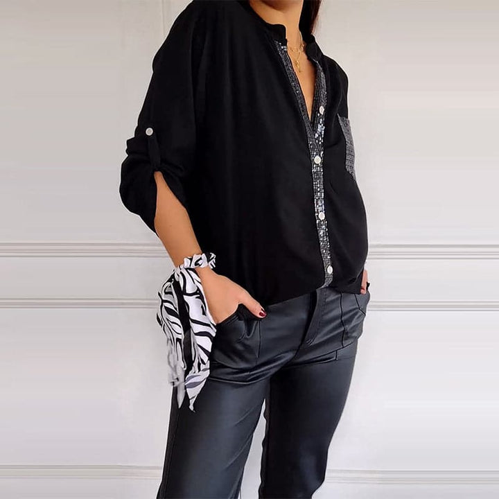VERITY SEQUIN TRIM BUTTON-UP SHIRT