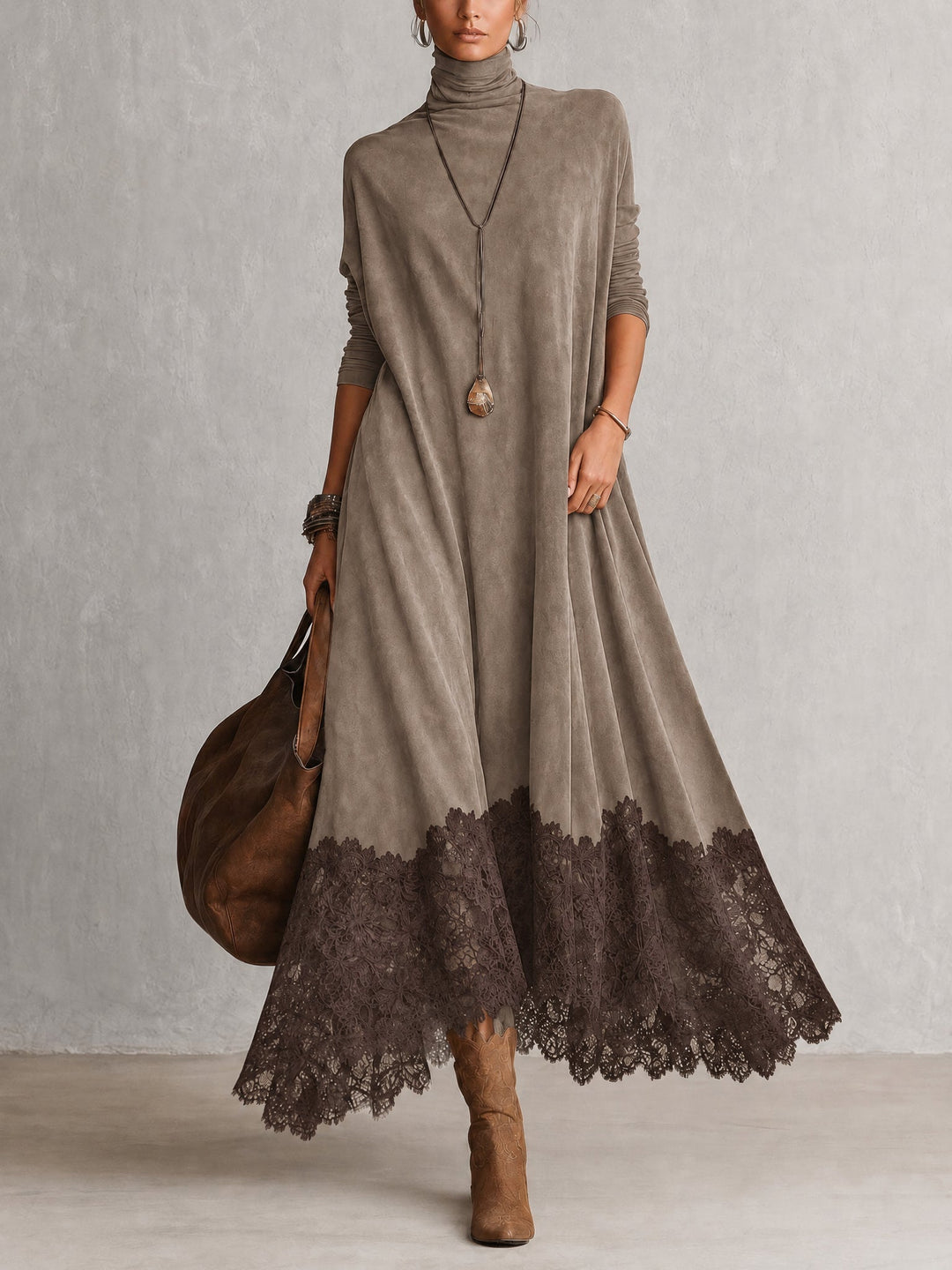 Brunella Lace-Hem Suede-Effect Maxi Dress