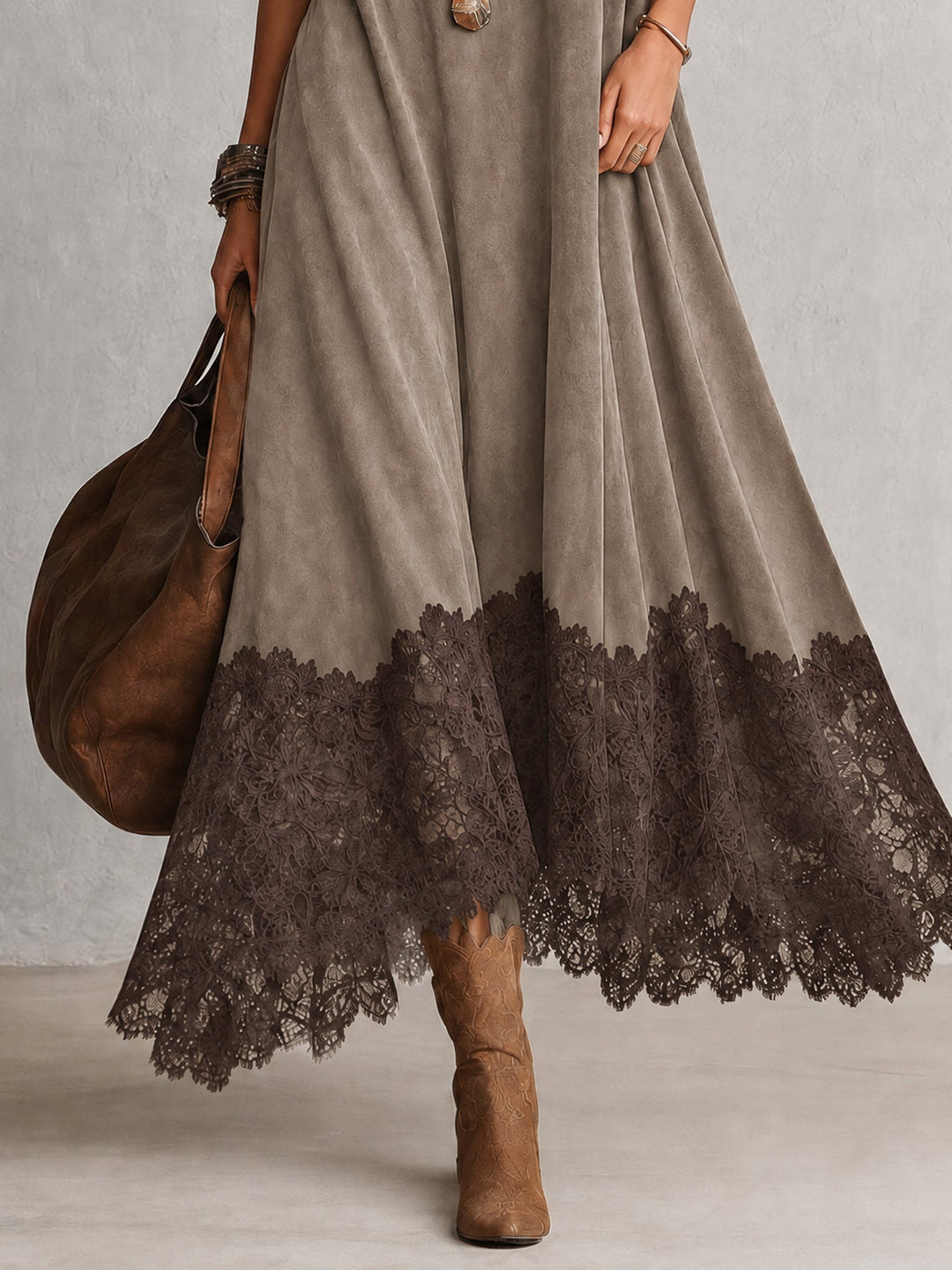 Brunella Lace-Hem Suede-Effect Maxi Dress