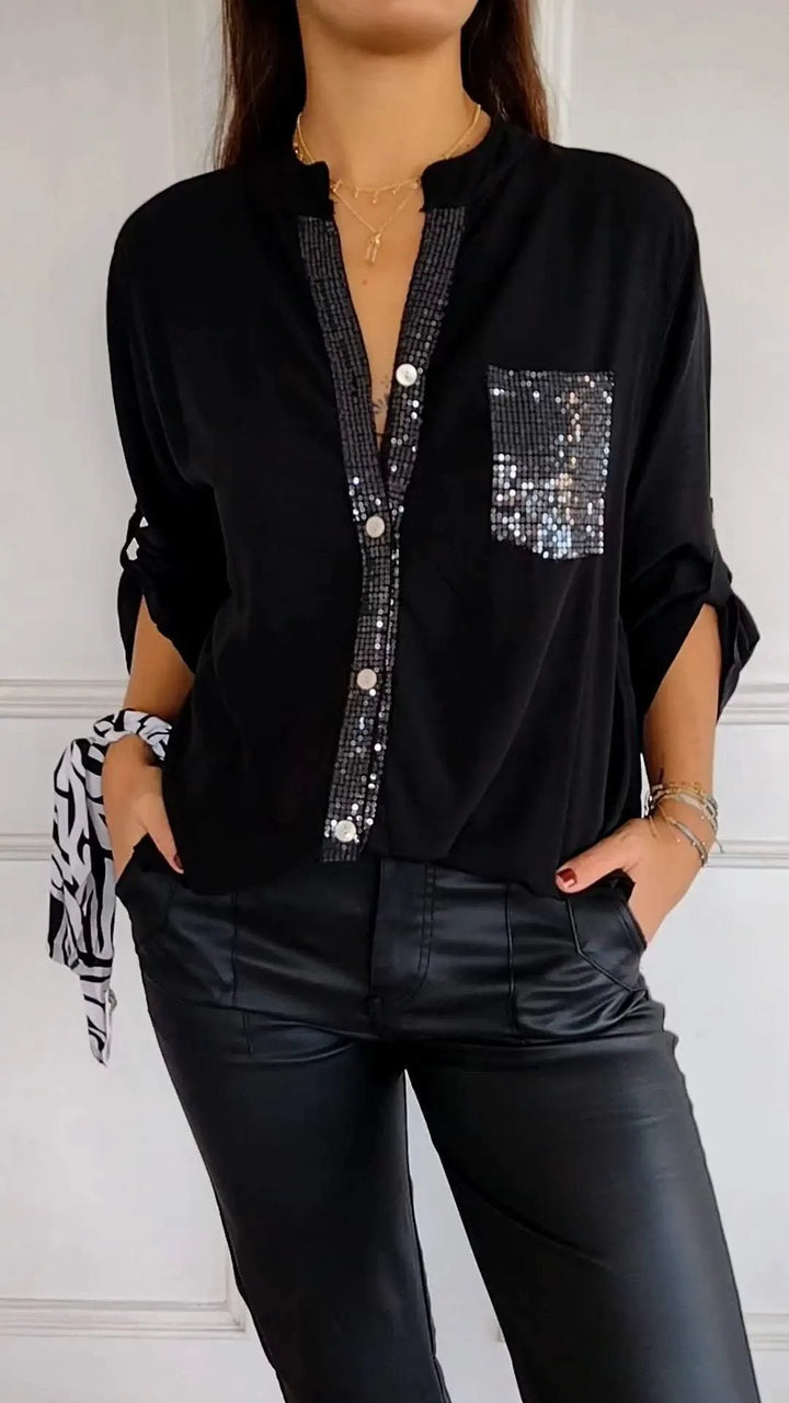 VERITY SEQUIN TRIM BUTTON-UP SHIRT