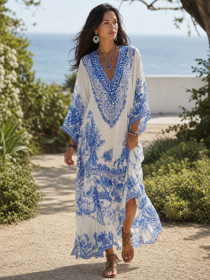 Blue Porcelain Print Kaftan Tunic