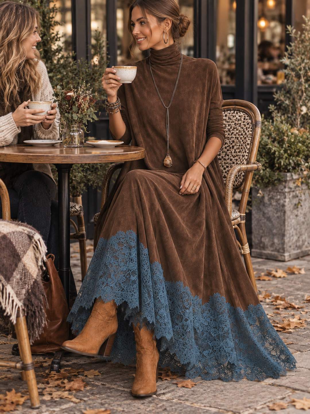 Brunella Lace-Hem Suede-Effect Maxi Dress
