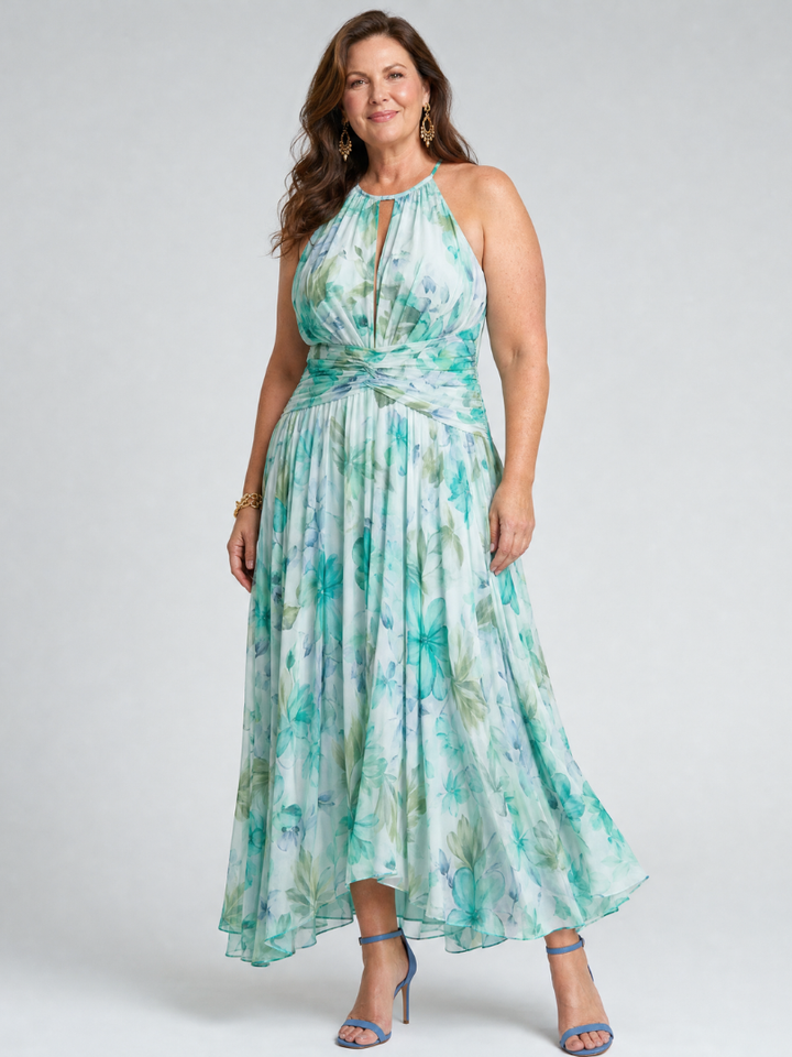 Portia Pleated Halter Soft Floral Pattern Midi Dress by Roseworth London