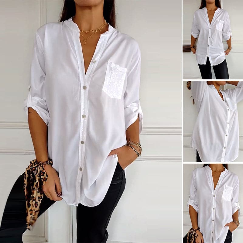VERITY SEQUIN TRIM BUTTON-UP SHIRT