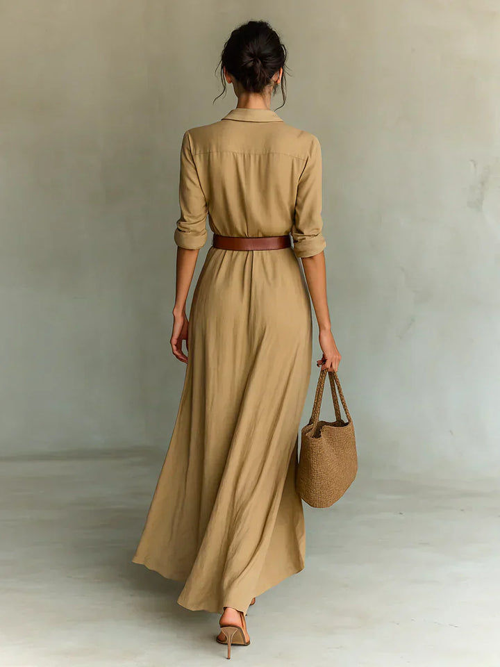 Camille™ | Maxi Dress with Lapel Collar and Waist Belt
