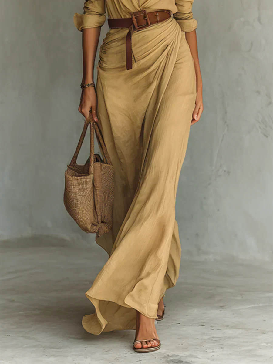 Camille™ | Maxi Dress with Lapel Collar and Waist Belt