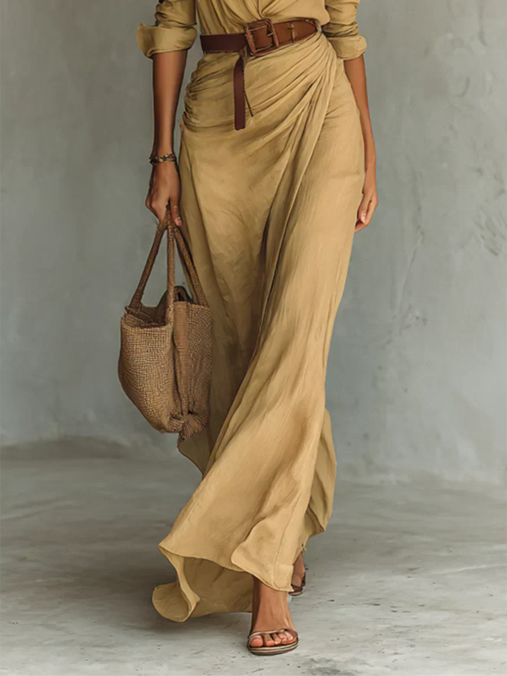 Camille™ | Maxi Dress with Lapel Collar and Waist Belt