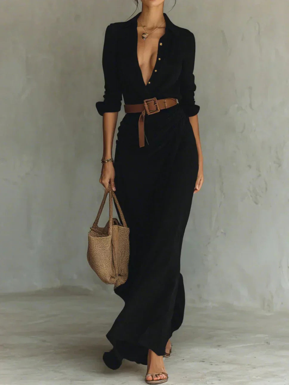 Camille™ | Maxi Dress with Lapel Collar and Waist Belt