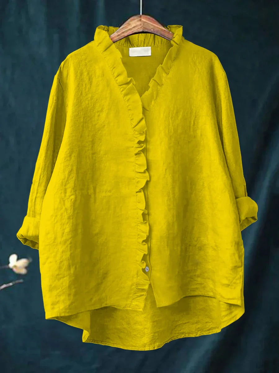 Sanela - Casual Cotton And Linen Ruffle Shirt