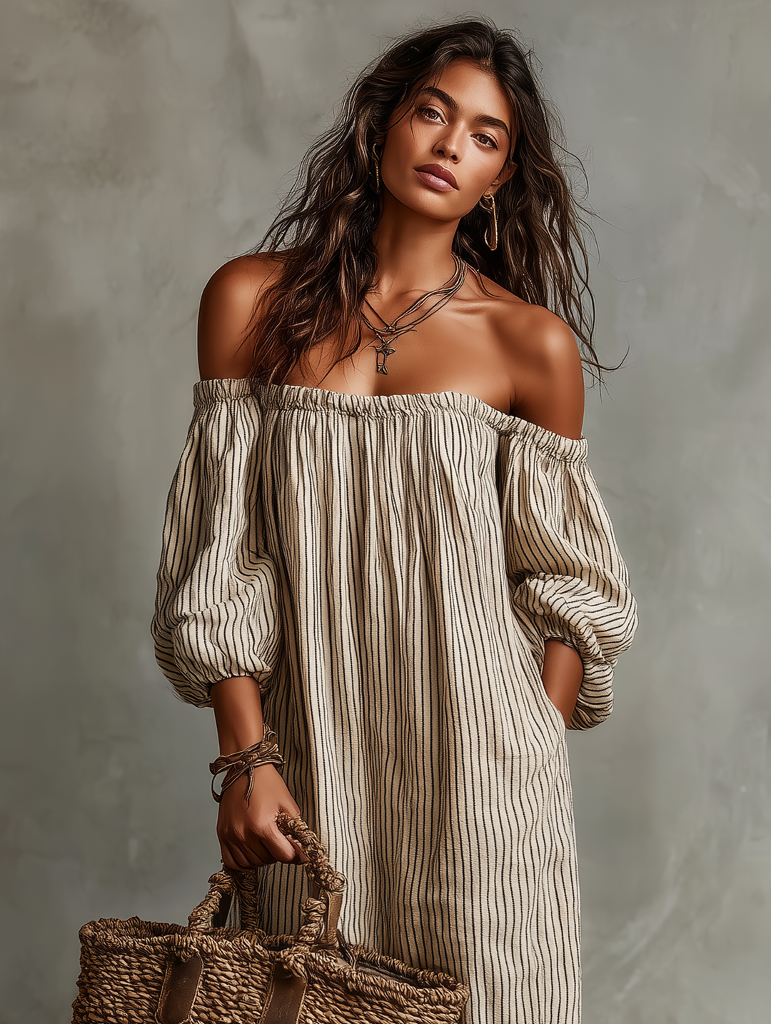 Carmen | Long Cotton-Linen Dress with Off-the-Shoulder Design