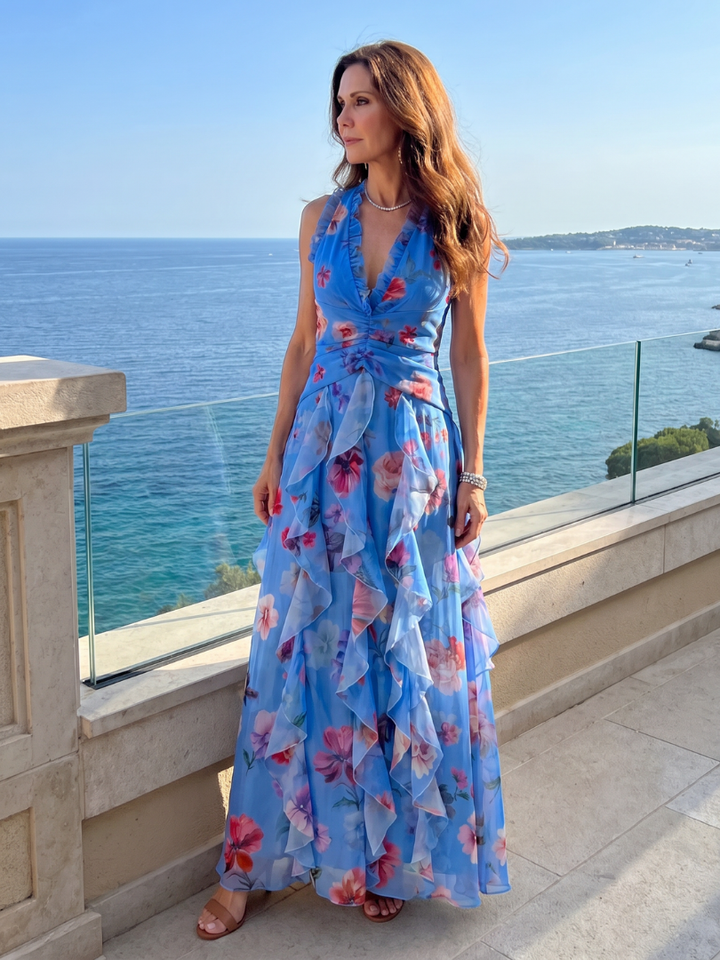 Nori Halter Neck Ruched Bodice Floral Maxi Dress by Roseworth London