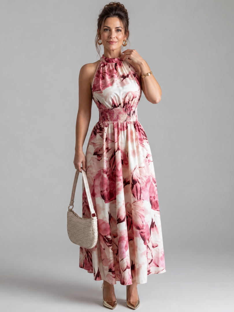 Olivia Gathered Waist Abstract Print Midi Dress by Roseworth London