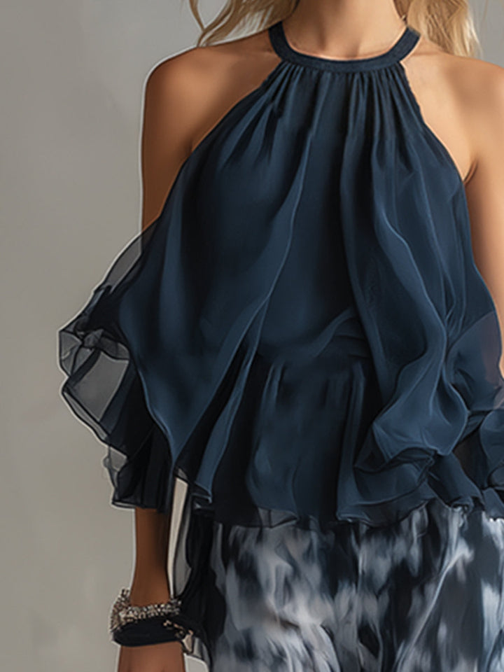 Marie | Elegant Set with Navy Blue Backless Top and Printed Wide-Leg Trousers