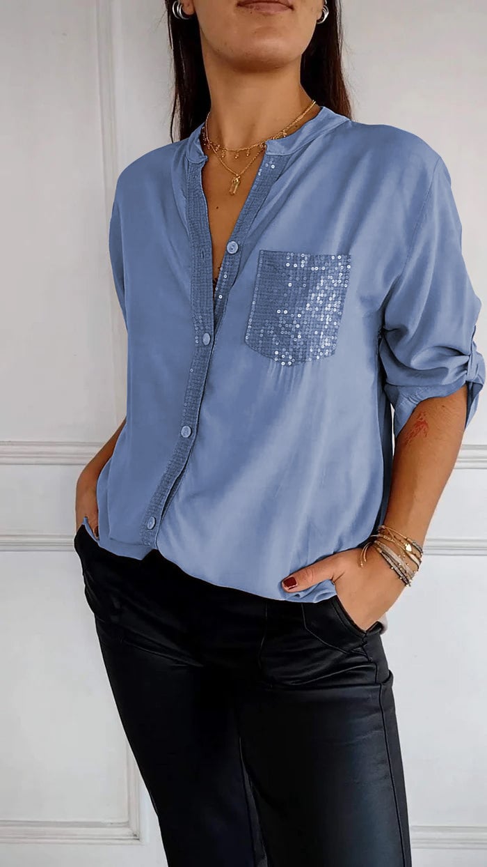 VERITY SEQUIN TRIM BUTTON-UP SHIRT