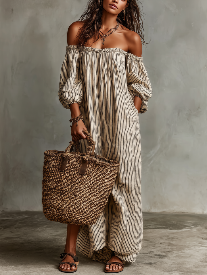 Carmen | Long Cotton-Linen Dress with Off-the-Shoulder Design