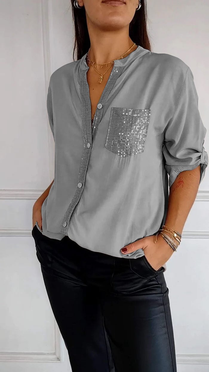 VERITY SEQUIN TRIM BUTTON-UP SHIRT
