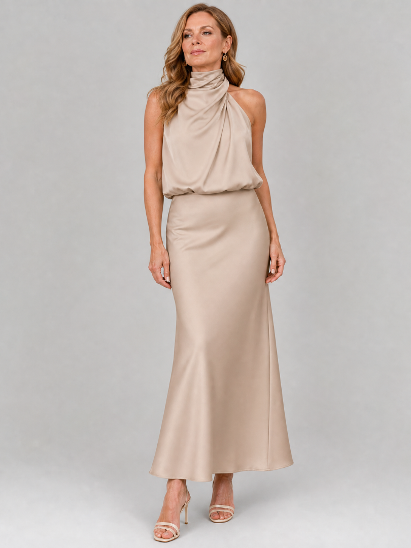 Nopal Sleeveless Draped Neck Midi Dress by Roseworth London