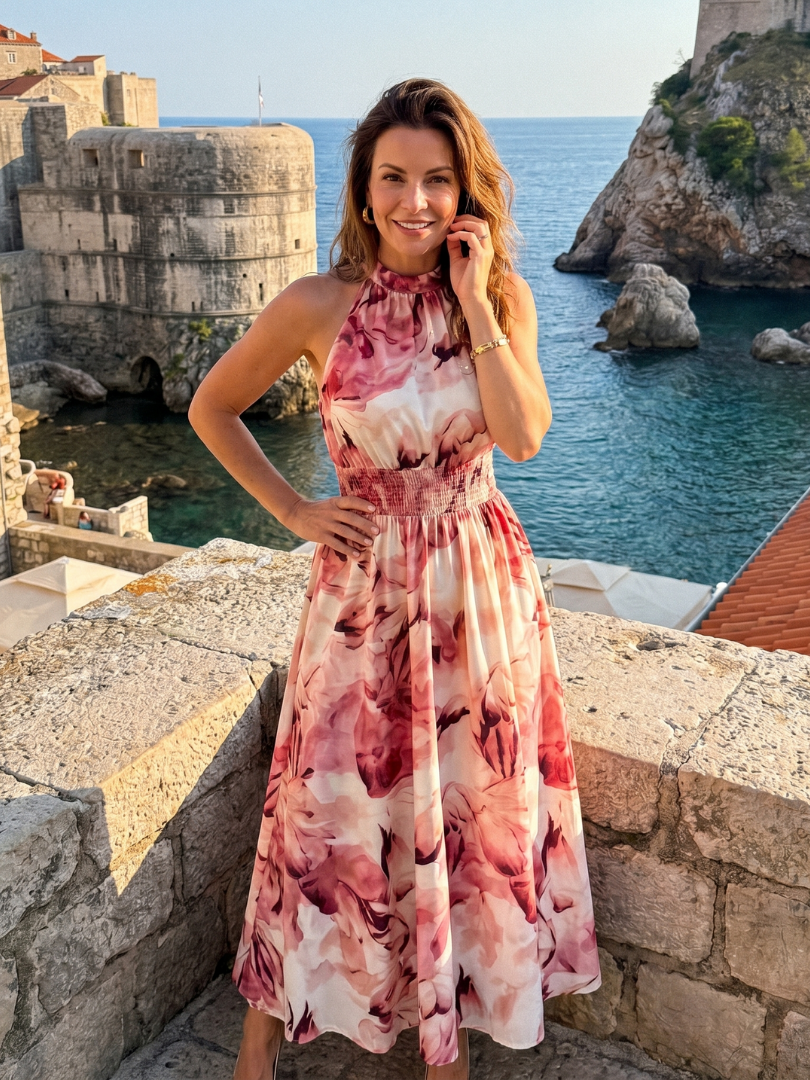 Olivia Gathered Waist Abstract Print Midi Dress by Roseworth London