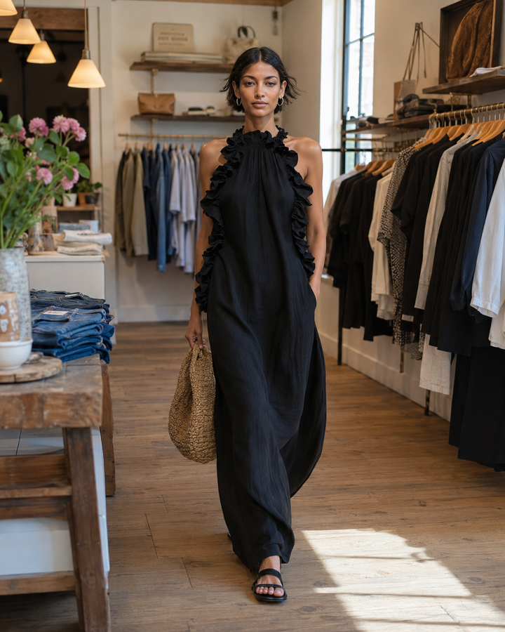 Helene | Sleeveless Linen Maxi Dress with Ruffles